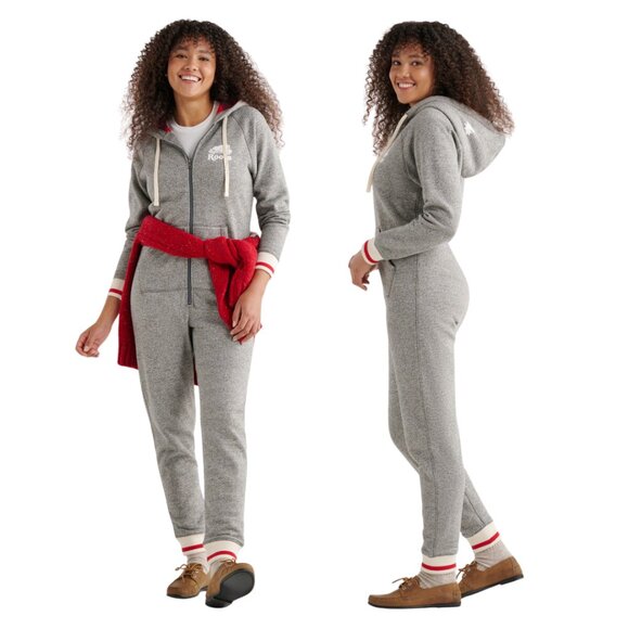 Roots Women’s Cabin Onesie Grey Oat Pepper Size M Zip Front Hooded Jumpsuit Cozy - Picture 2 of 16